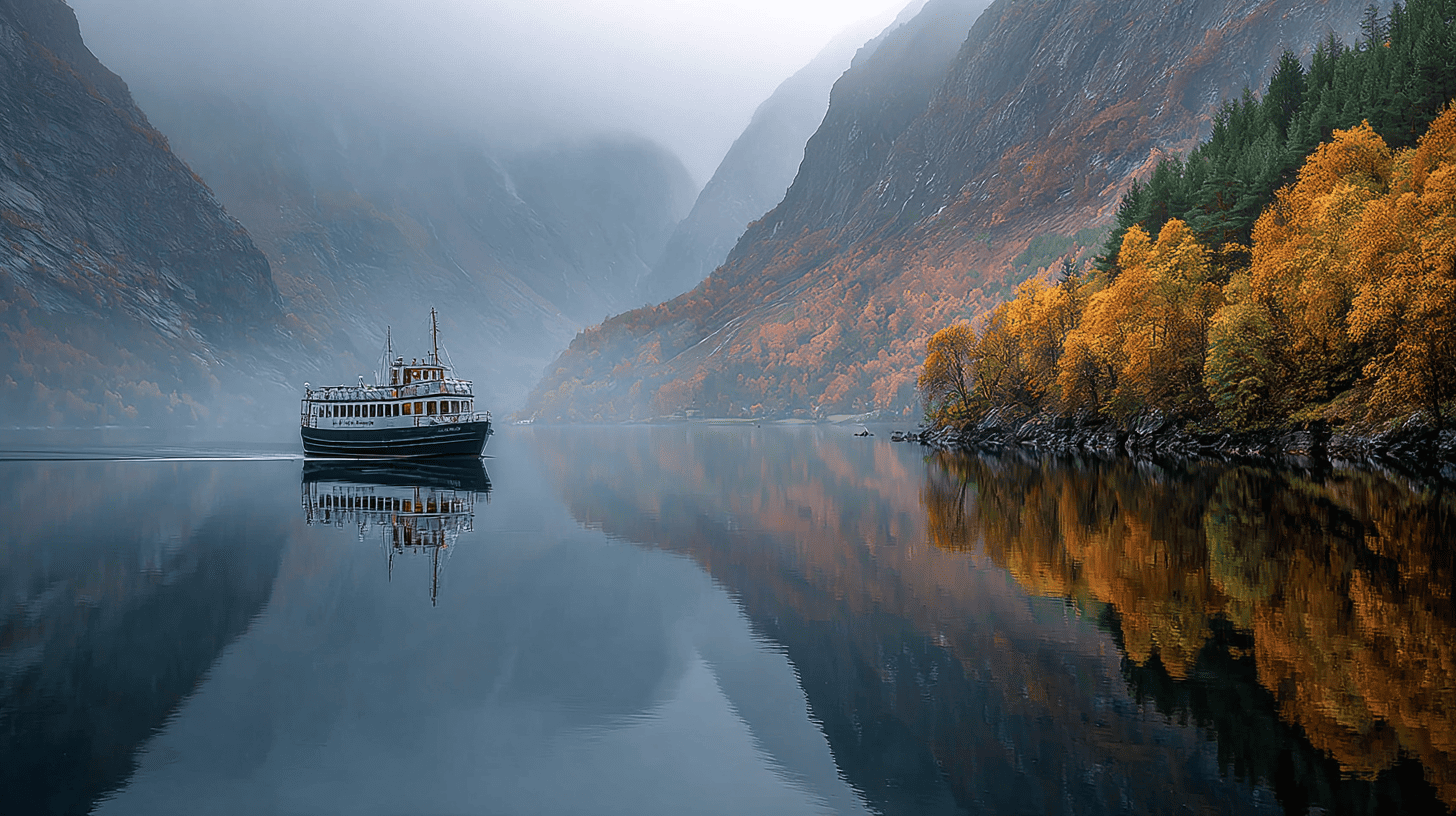 Petit navire d'expédition naviguant dans un fjord étroit entouré de montagnes escarpées idéal pour randonnées nature