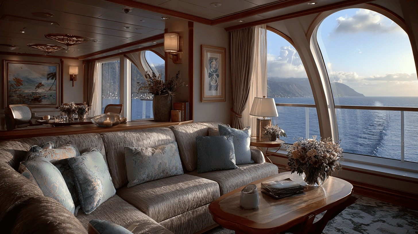 Suite de luxe sur navire de croisière avec salon spacieux canapé moelleux et vue panoramique sur océan pour voyage de noces romantique