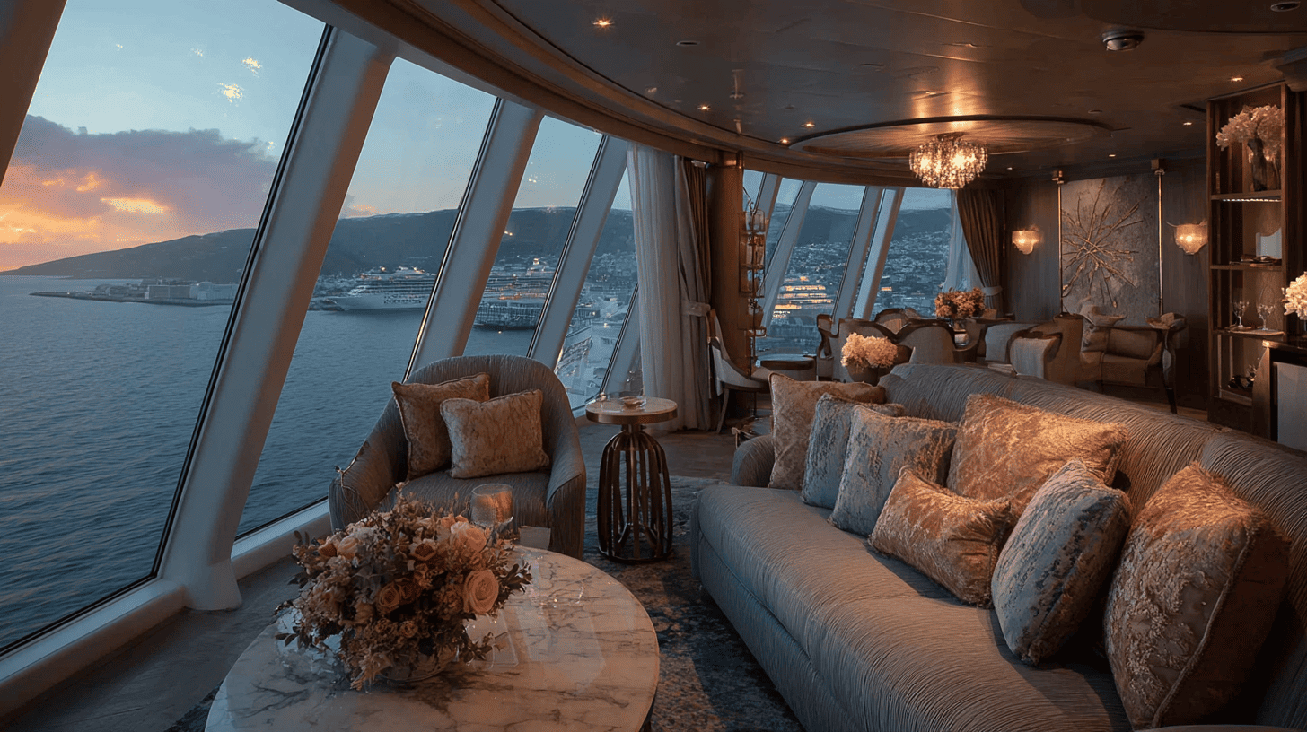 Suite de croisière avec salon confortable, canapé moelleux et fenêtre panoramique sur l'océan, idéale pour un voyage de luxe pour 2 personnes