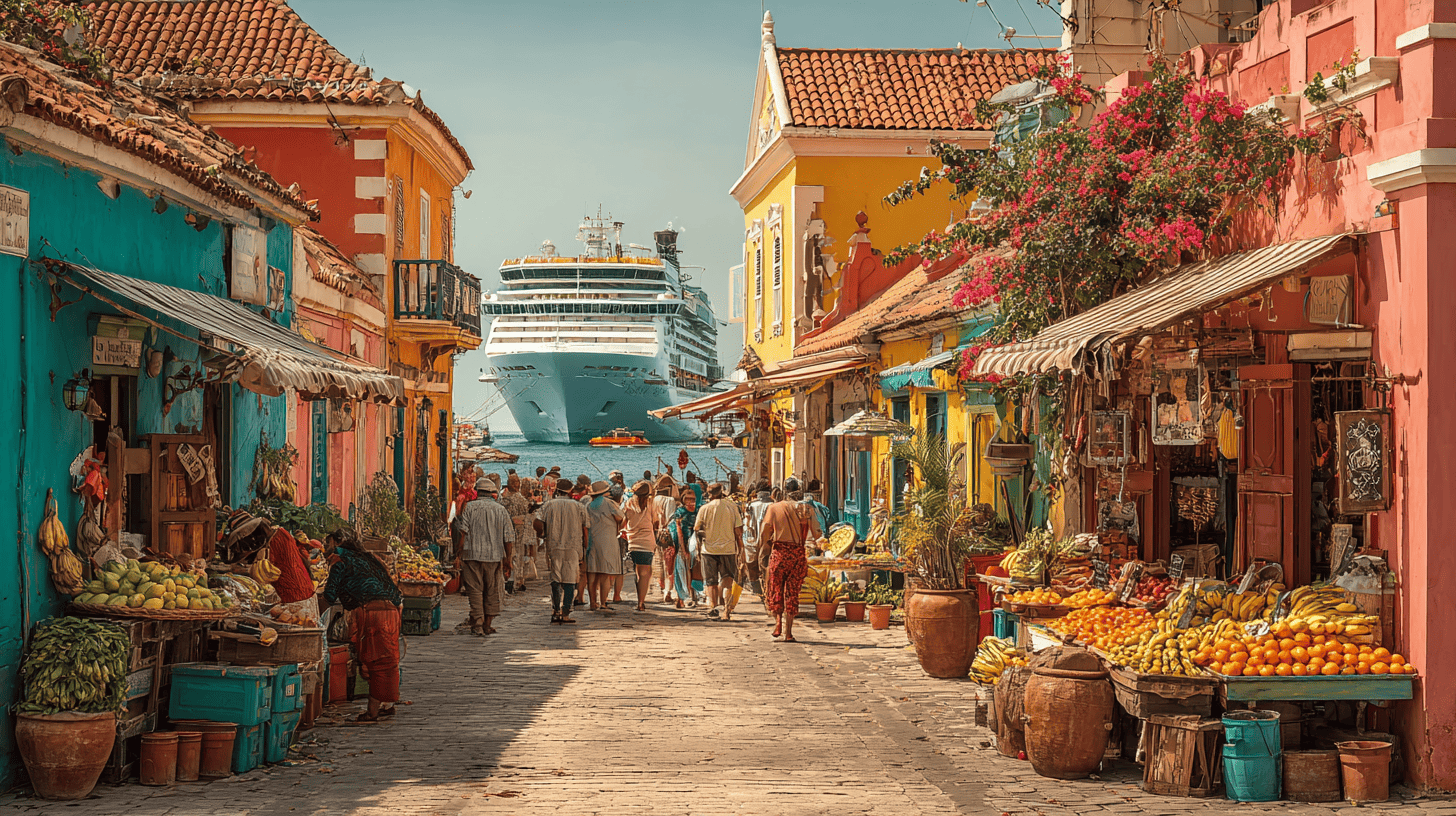 Passagers de croisière explorant le marché local coloré du centre historique de Gênes avec étals de produits italiens