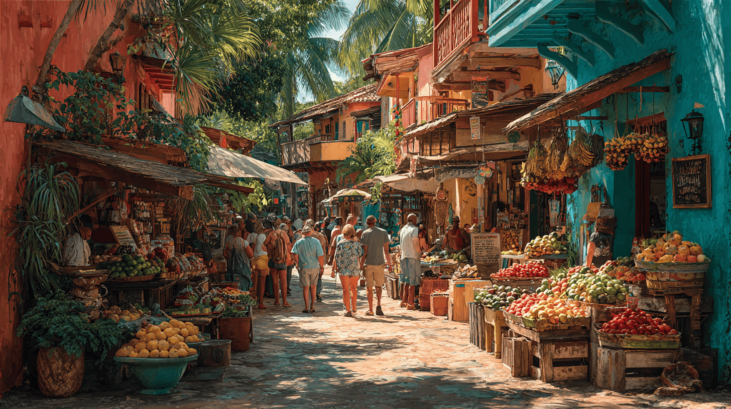 Escale croisière marché local - dépenses à terre combien coute une croisiere Passagers de croisière explorant un marché local coloré lors d'une escale, illustration des dépenses à terre lors d'une croisière