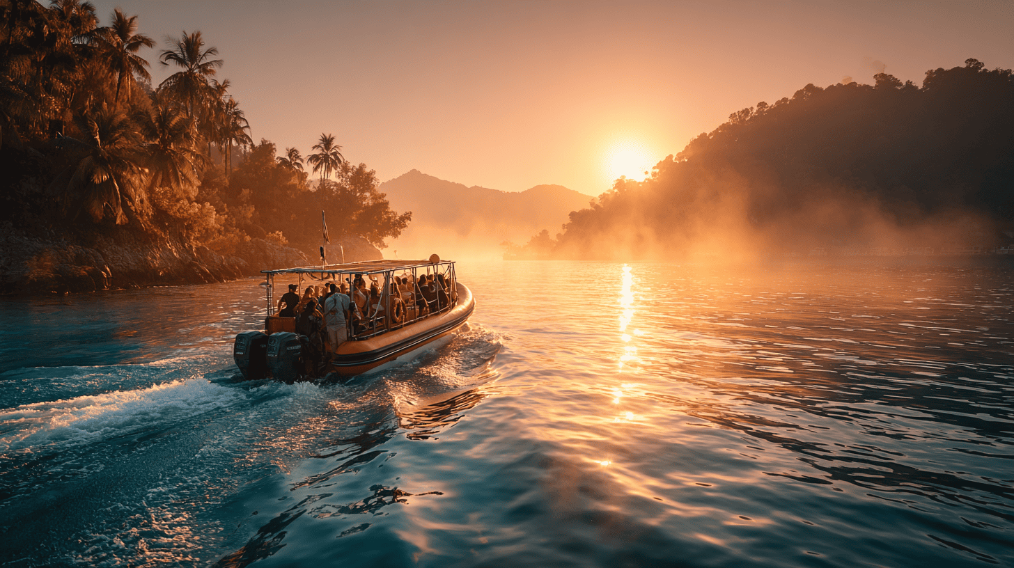 Touristes embarquant dans une chaloupe tender depuis un navire de croisière ancré au large pour rejoindre le port lors d'une escale