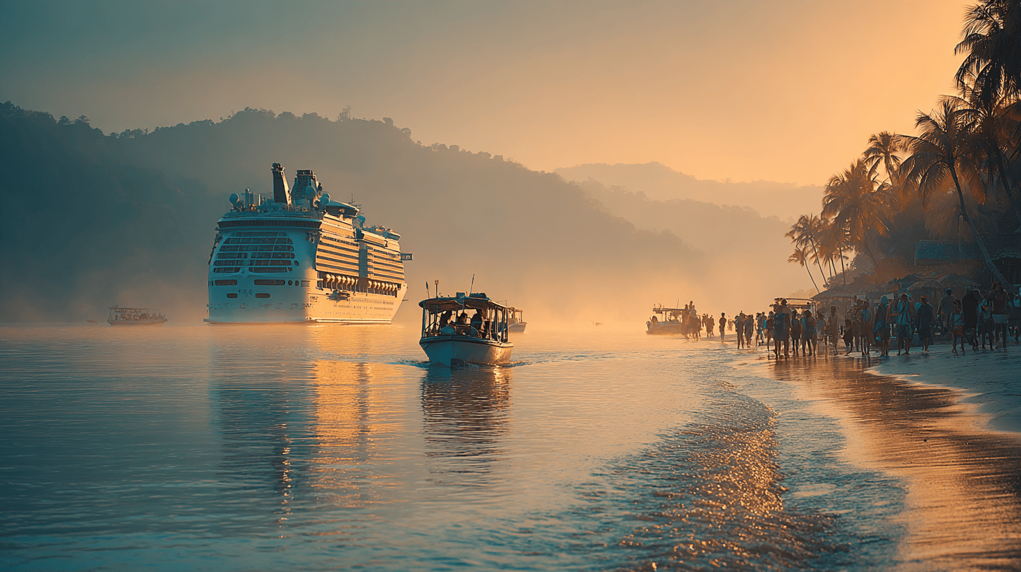 Touristes de croisière embarquant sur un tender pour rejoindre une escale insulaire, procédure typique des escales en mouillage comme Santorin lors d'une croisière Europe