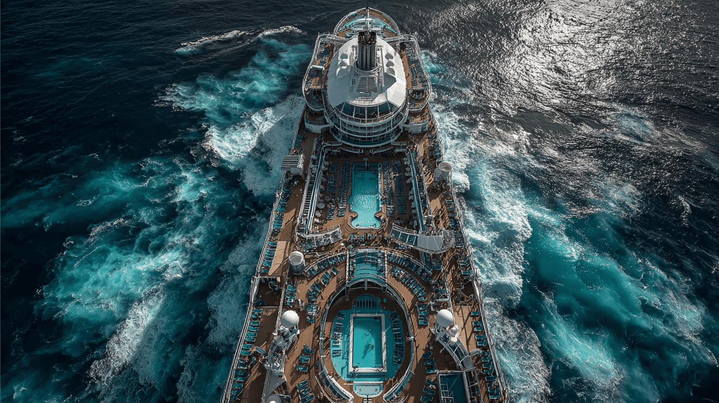 Pont supérieur d'un navire Hurtigruten avec piscine, chaises longues et vue panoramique sur les fjords norvégiens