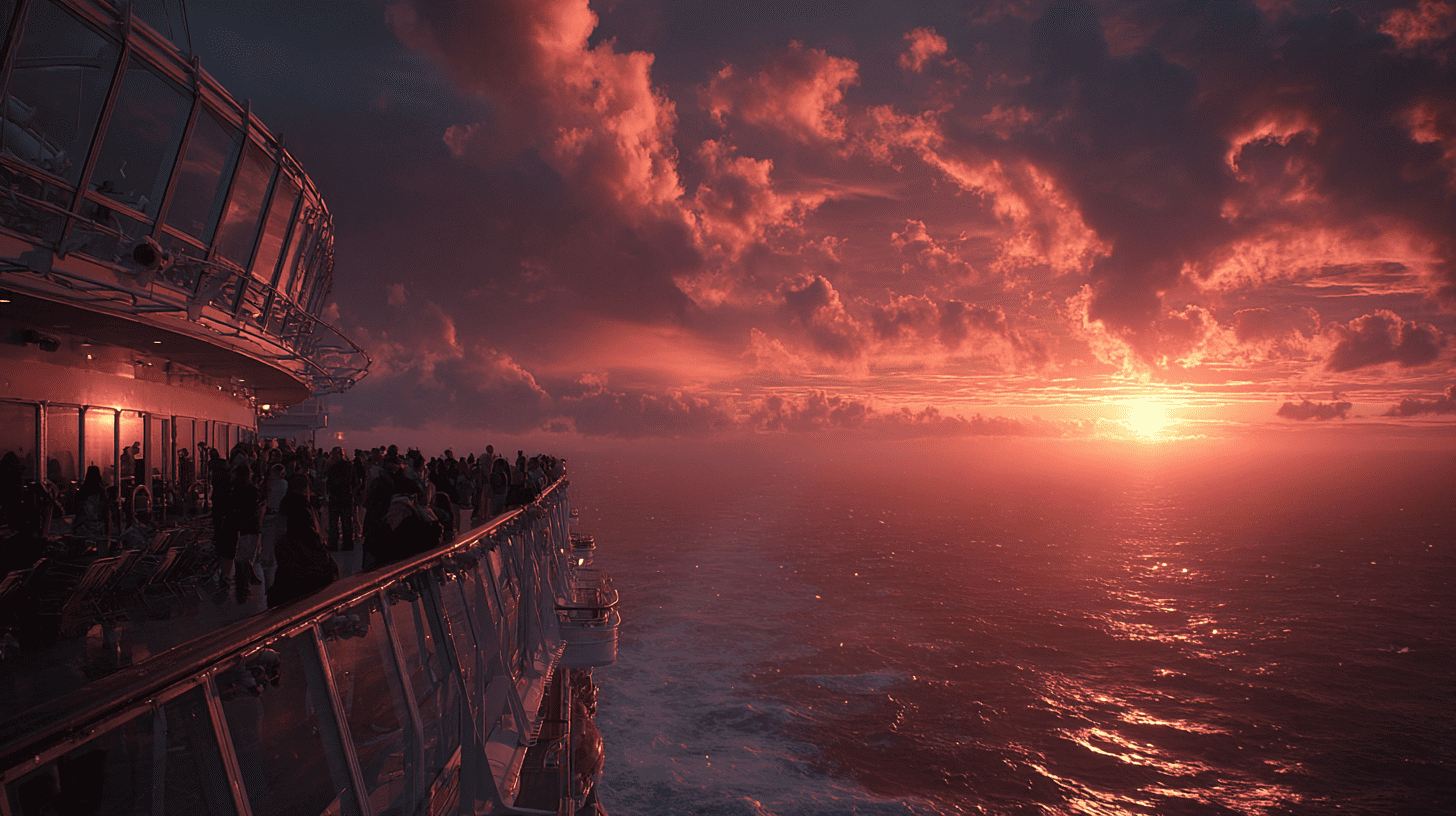 Passagers photographiant le coucher de soleil depuis le pont d'observation d'un navire de croisière avec vue panoramique sur l'océan