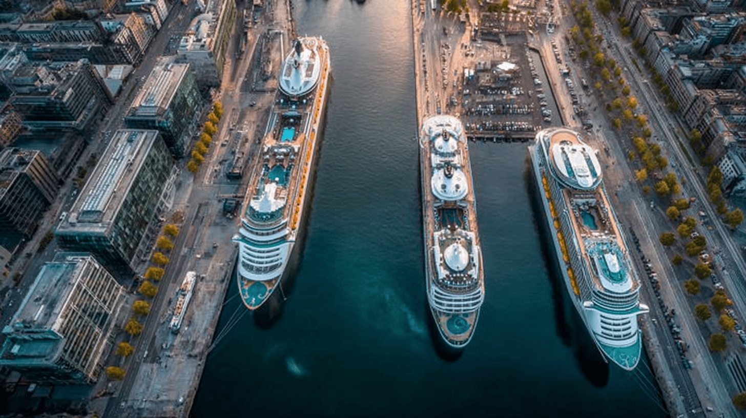 Vue aérienne du port de Gênes avec navires de croisière amarrés au terminal Ponte dei Mille et centre historique en arrière-plan
