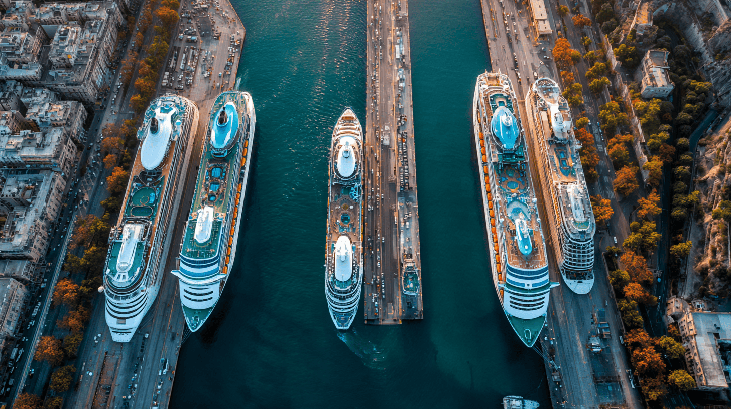Vue aérienne d'un port de croisière international avec plusieurs grands navires à quai, illustration des escales d'un tour du monde en croisière