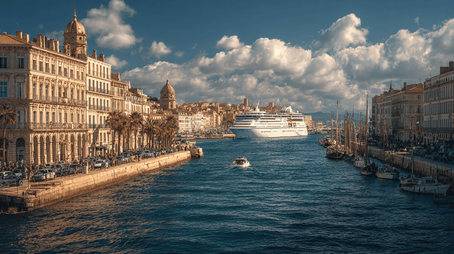 Navire de croisière entrant lentement dans le vieux port de Marseille avec les bâtiments historiques en arrière-plan, montrant l'accessibilité des ports méditerranéens français pour les croisiéristes