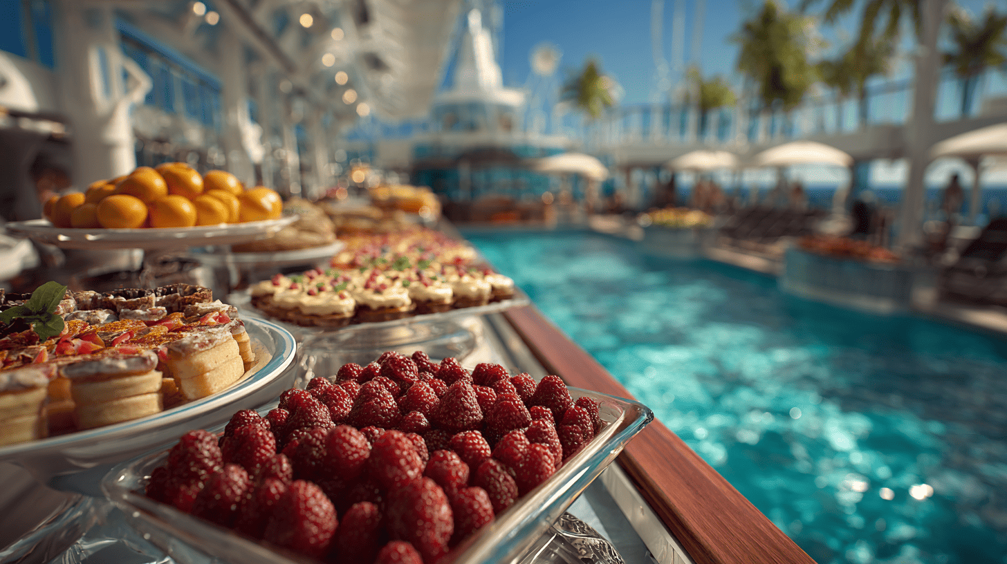Restaurant buffet extérieur sur pont de bateau de croisière avec vue mer pour dîner croisière en plein air