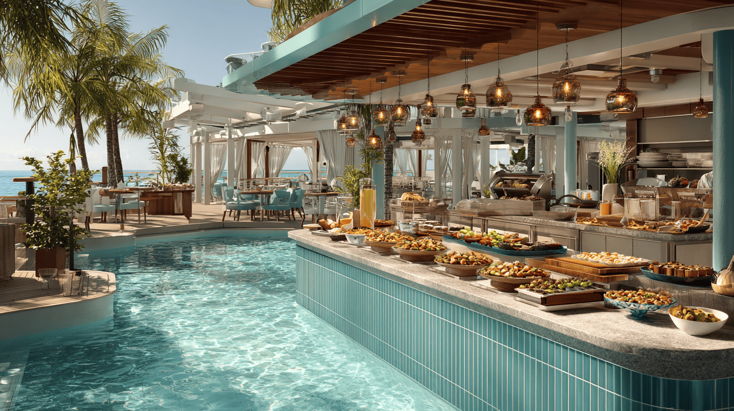 Buffet extérieur croisière inclus dans le tarif tout compris Restaurant buffet extérieur au bord de la piscine sur un navire de croisière, atmosphère décontractée et repas en plein air inclus dans le tarif