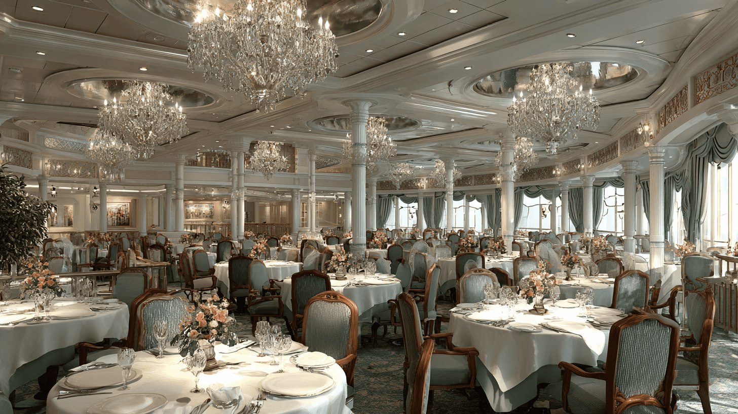 Salle de restaurant principale d'un navire de croisière avec lustres en cristal et tables élégamment dressées, représentant les prestations culinaires incluses dans le prix de la croisière méditerranéenne