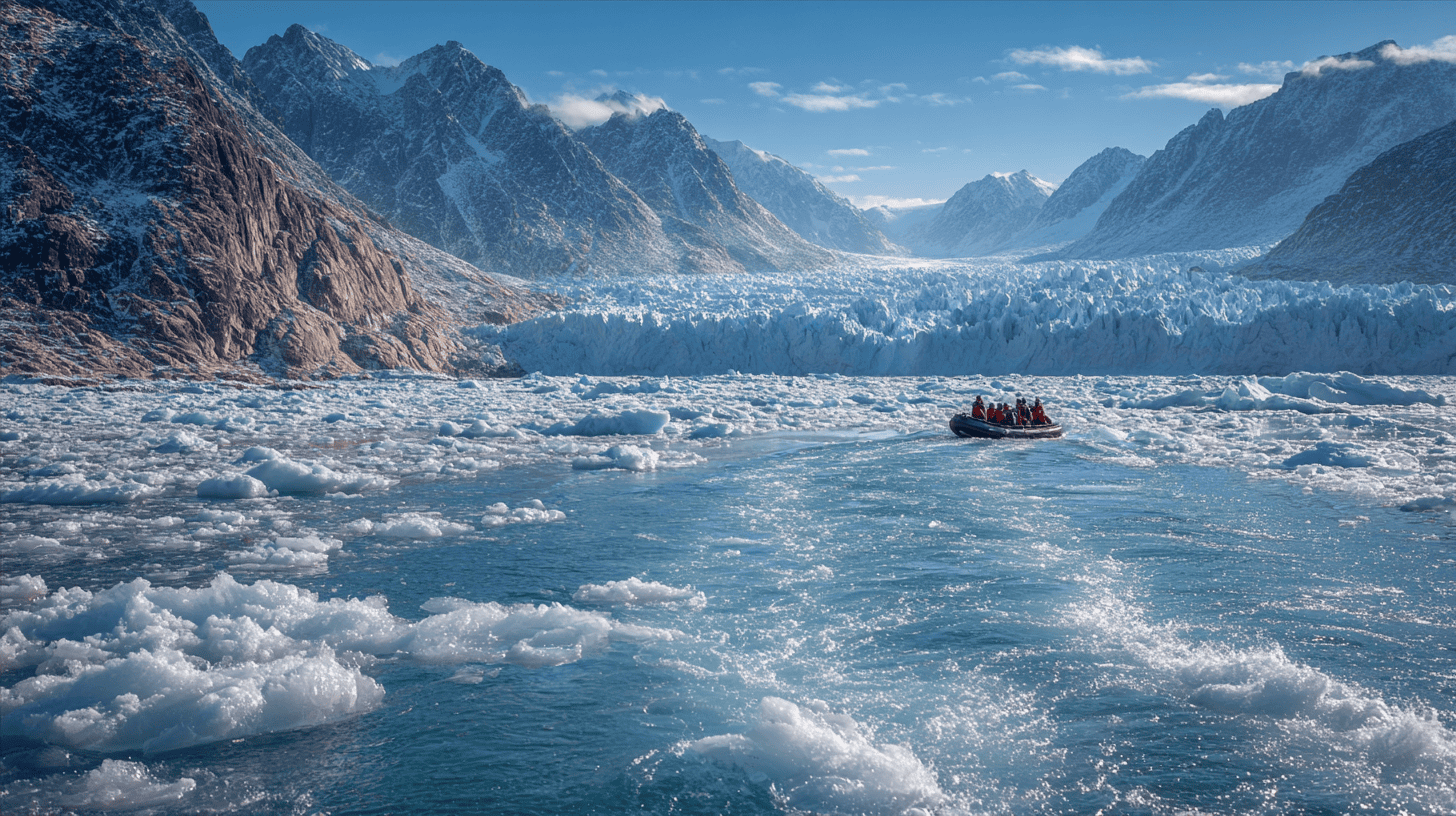 Groupe de voyageurs en zodiac approchant un glacier lors d'une croisière expédition, activité incluse dans les voyages en Antarctique