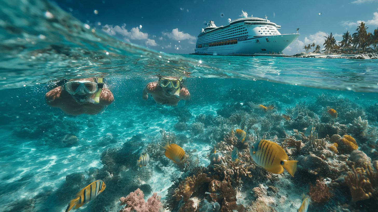 Plongeurs explorant récif corallien près navire croisière ancré en eaux turquoise, activité complémentaire observation baleines destinations tropicales