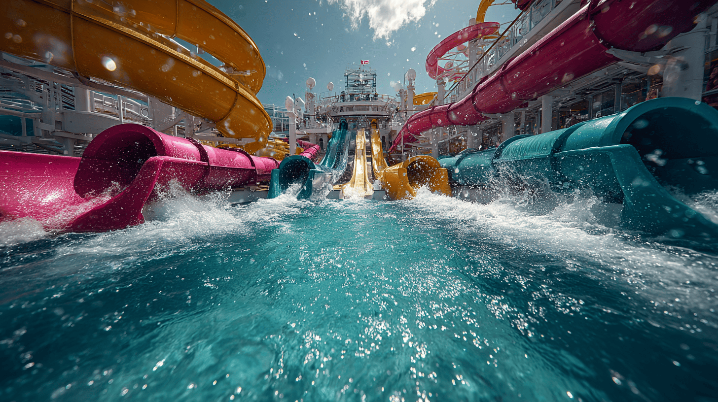 Enfants jouant dans le parc aquatique coloré d'un navire de croisière avec toboggans et jeux d'eau pour familles