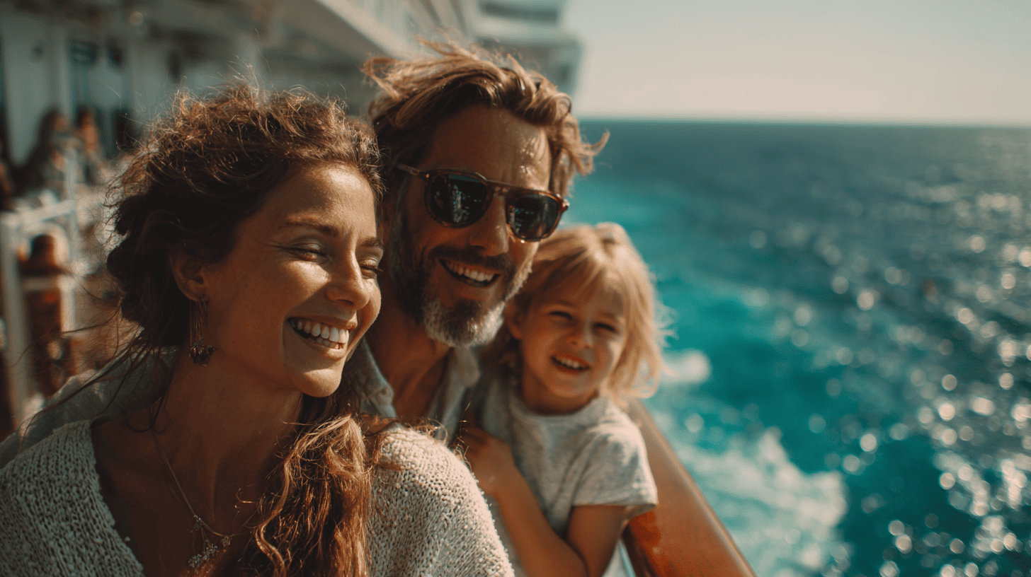 Famille heureuse sur le pont d'un navire de croisière avec parents et enfants profitant des activités en mer Méditerranée