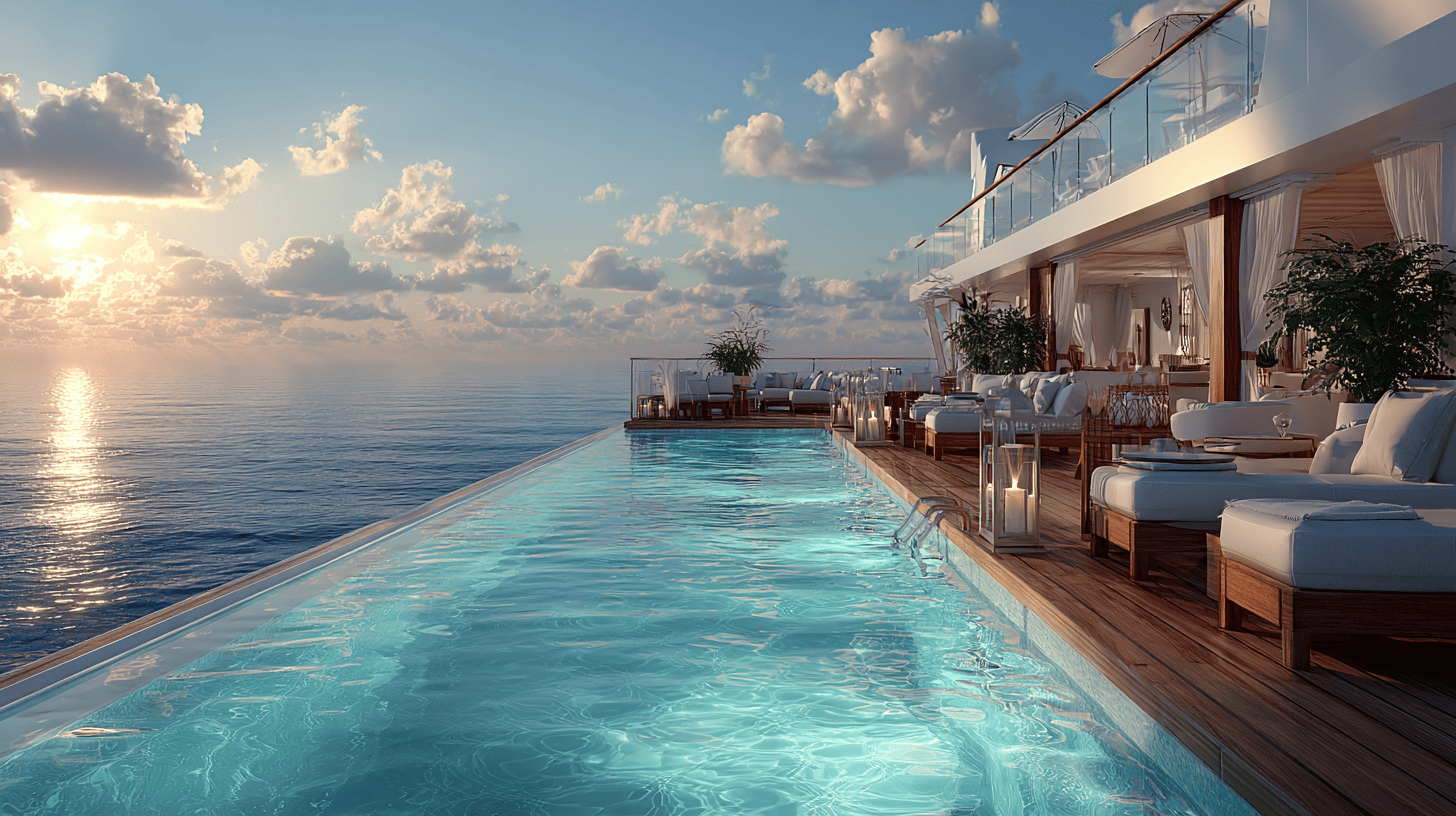 Piscine à débordement sur navire de croisière de luxe avec vue mer panoramique et chaises longues
