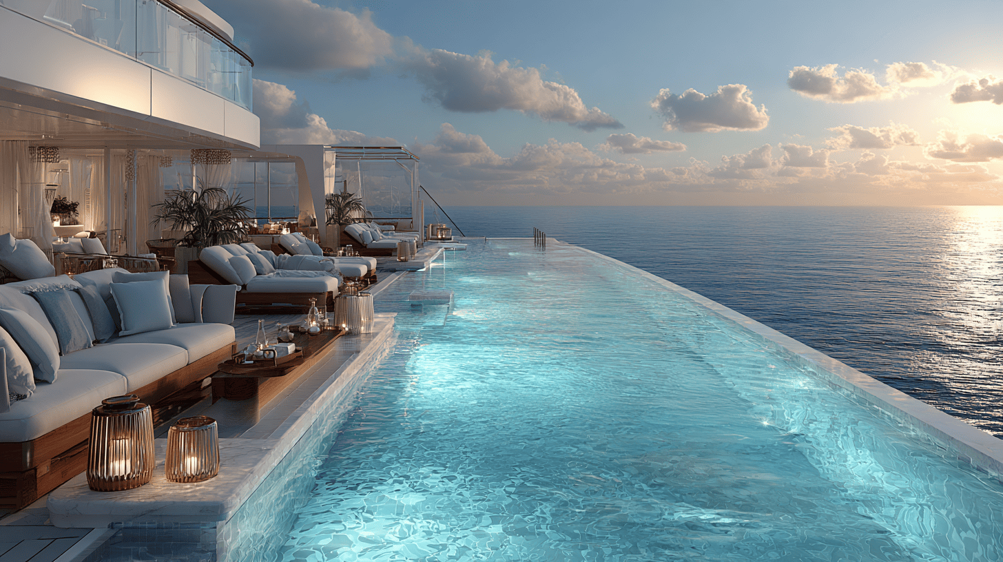 Piscine infinity croisière luxe tout compris Piscine infinity extérieure sur un navire de croisière de luxe avec vue panoramique sur l'océan, espace inclus dans les formules tout compris premium