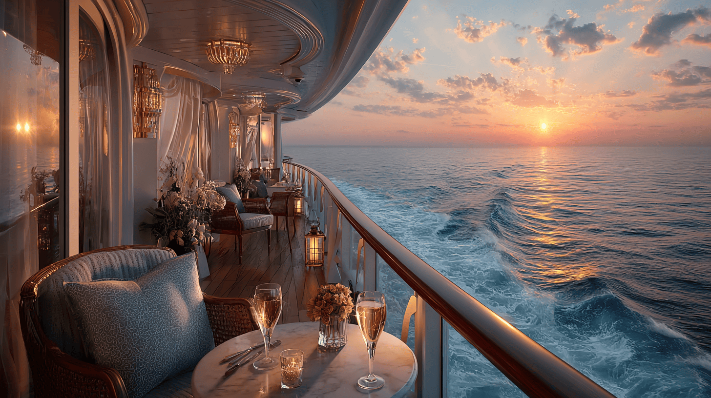 Suite de luxe avec balcon privé et vue panoramique sur la mer, navire de croisière haut de gamme