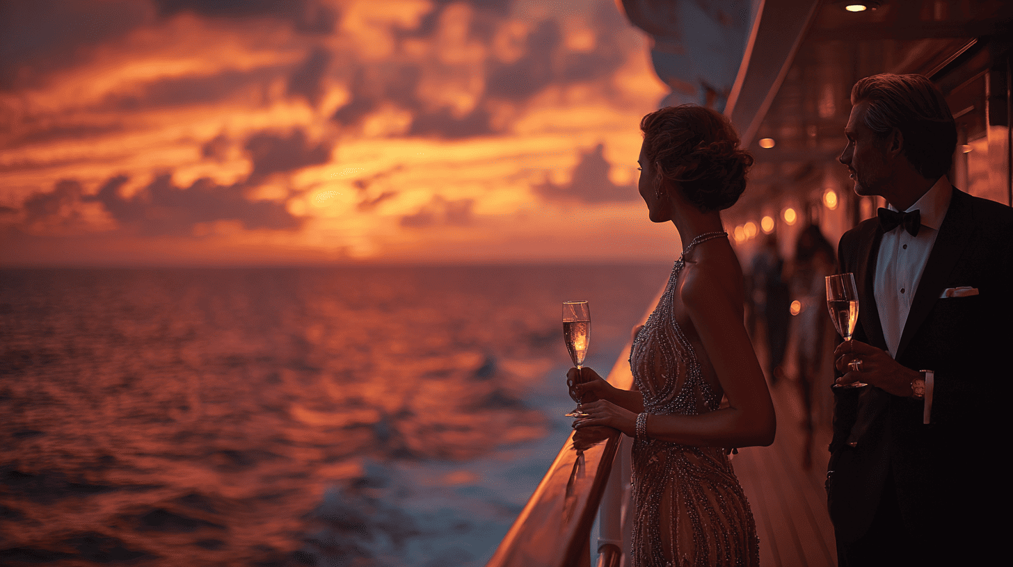 Couple élégant sur le pont privatif d'un navire de croisière de luxe profitant d'un coucher de soleil en mer, illustration d'une croisière romantique pour deux