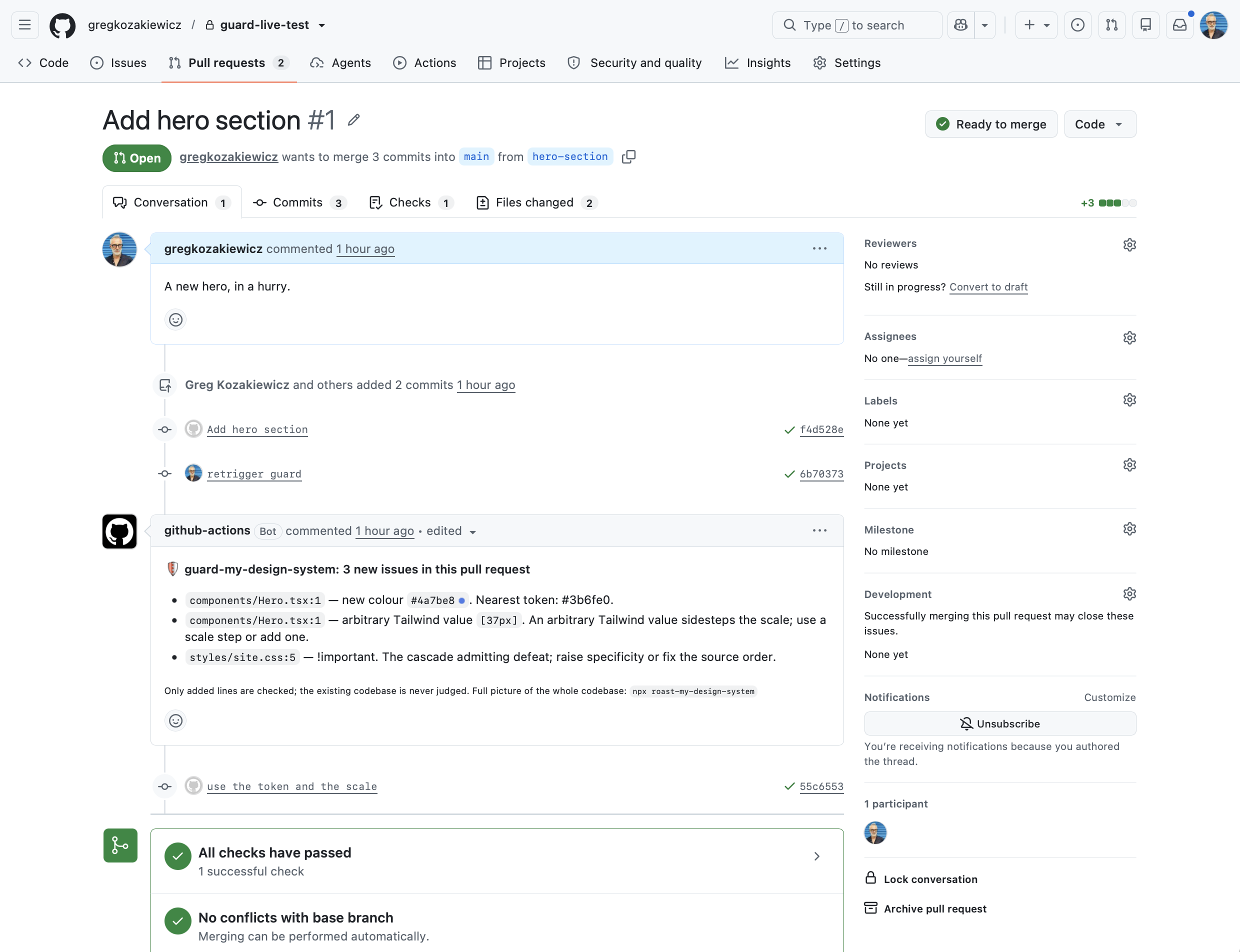 The same pull request after fixes were pushed: the guard's single comment has updated in place, now showing three remaining issues, with the fix commits visible in the timeline above it and all checks passing below