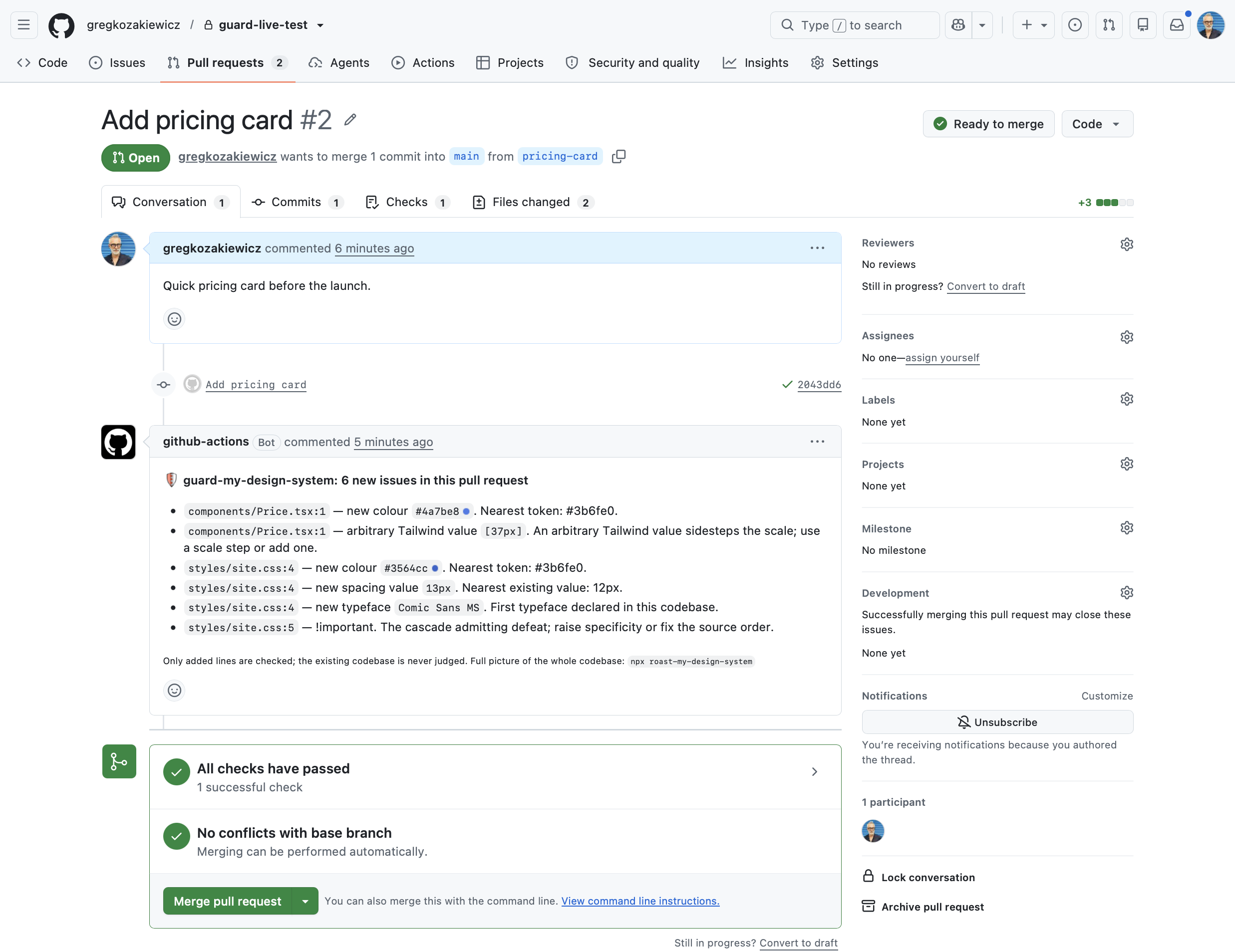 The guard's comment on a pull request: six new issues, each with a file path and line, the stray colours shown with swatches next to their nearest token, an off-scale spacing value next to its nearest step, a new typeface, an !important, and an arbitrary Tailwind value, ending with the note that only added lines are checked