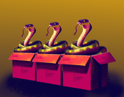 Illustration: Three snakes sitting on cardbord boxes