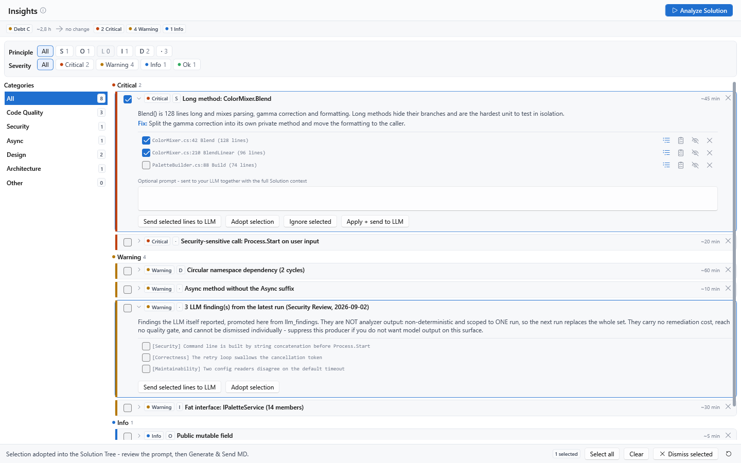 AICB Insights page with prioritized code-quality, security, design and architecture findings