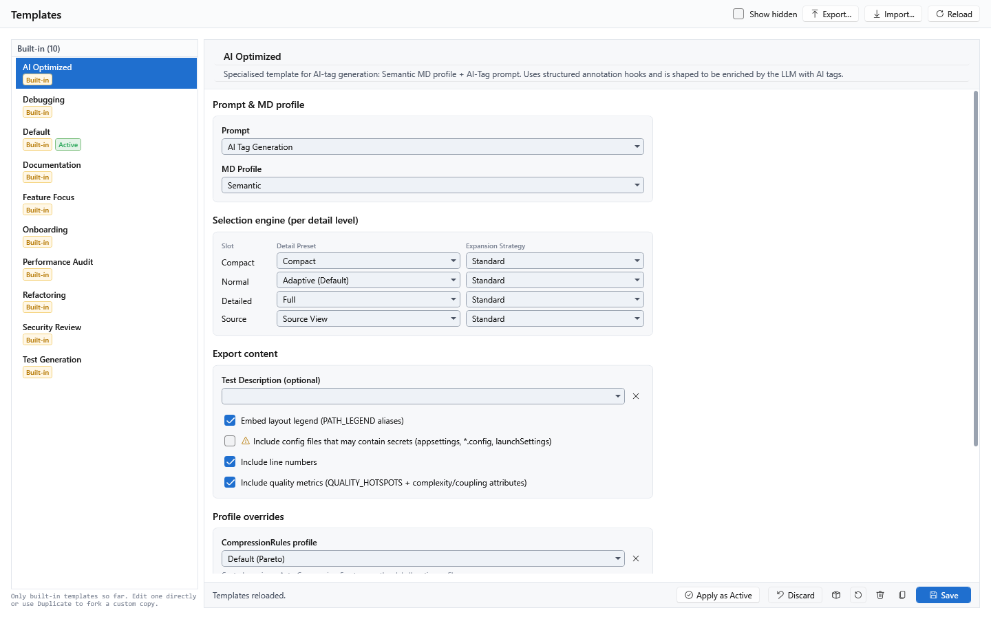 AICB Context Templates editor with prompt, detail-level and export configuration