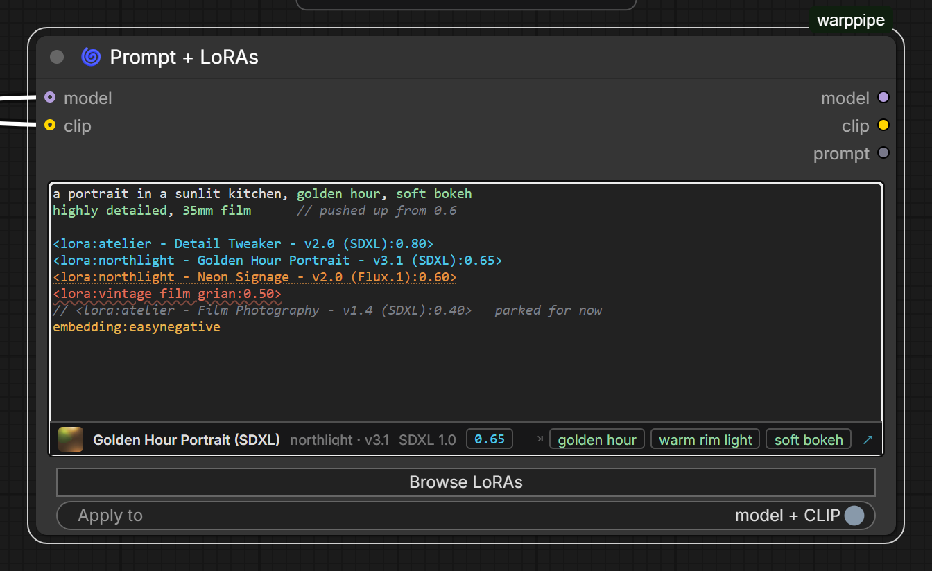 The Prompt + LoRAs node, with tags, notes and trigger words coloured
