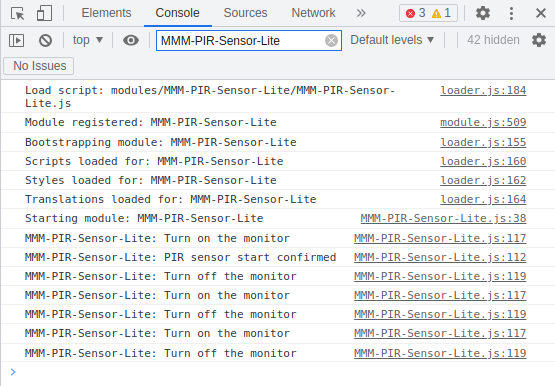 MMM-PIR-Sensor-Lite Console Log