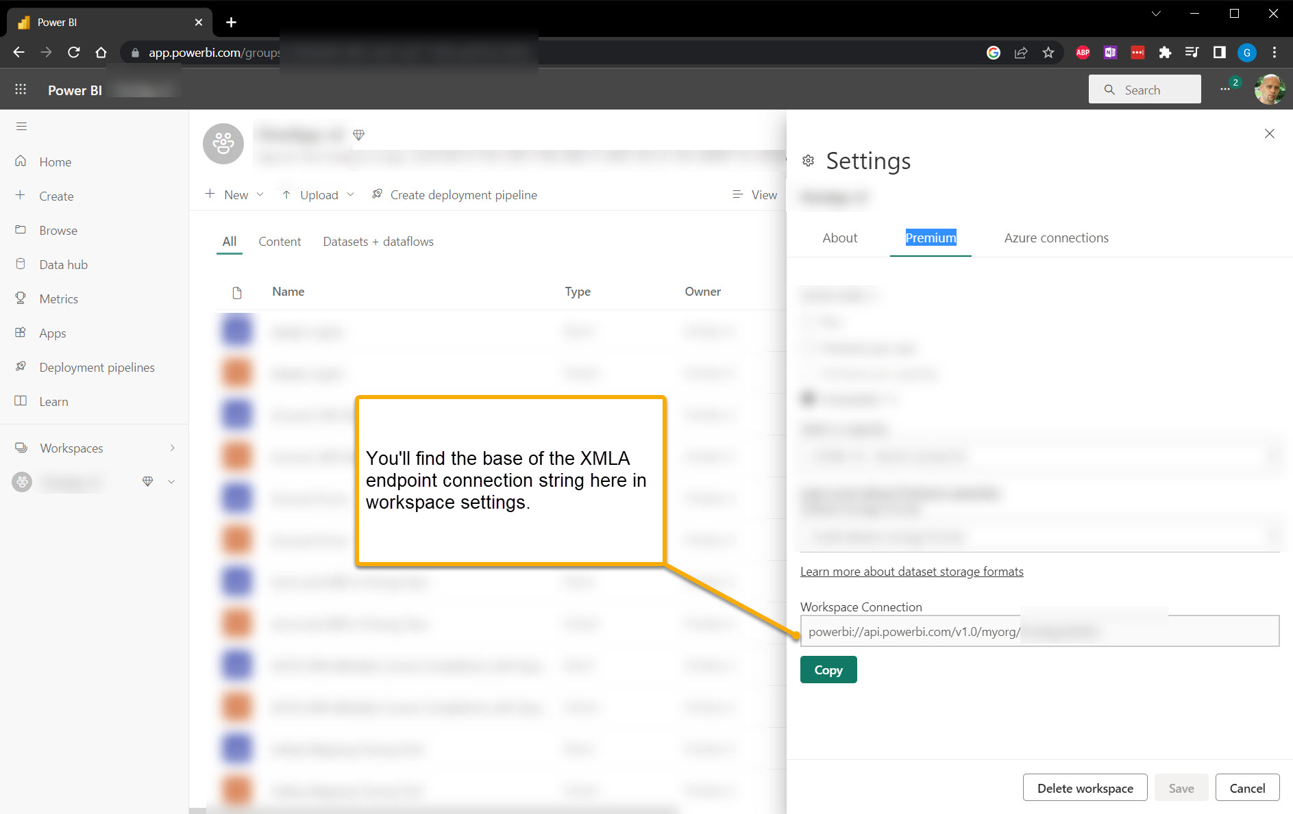 Screen capture of powerbi workspace settings