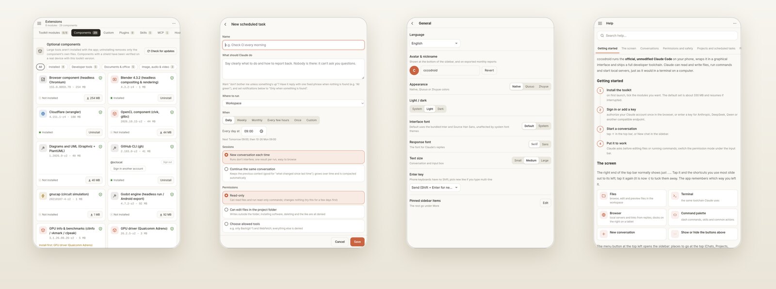 Four phone screens: optional components, a new scheduled task, general settings with appearance and fonts, and the built-in help