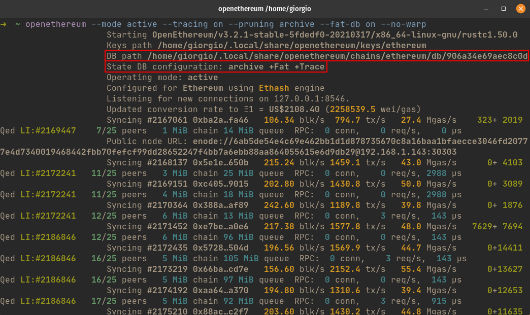 Terminal window showing OpenEthereum running
