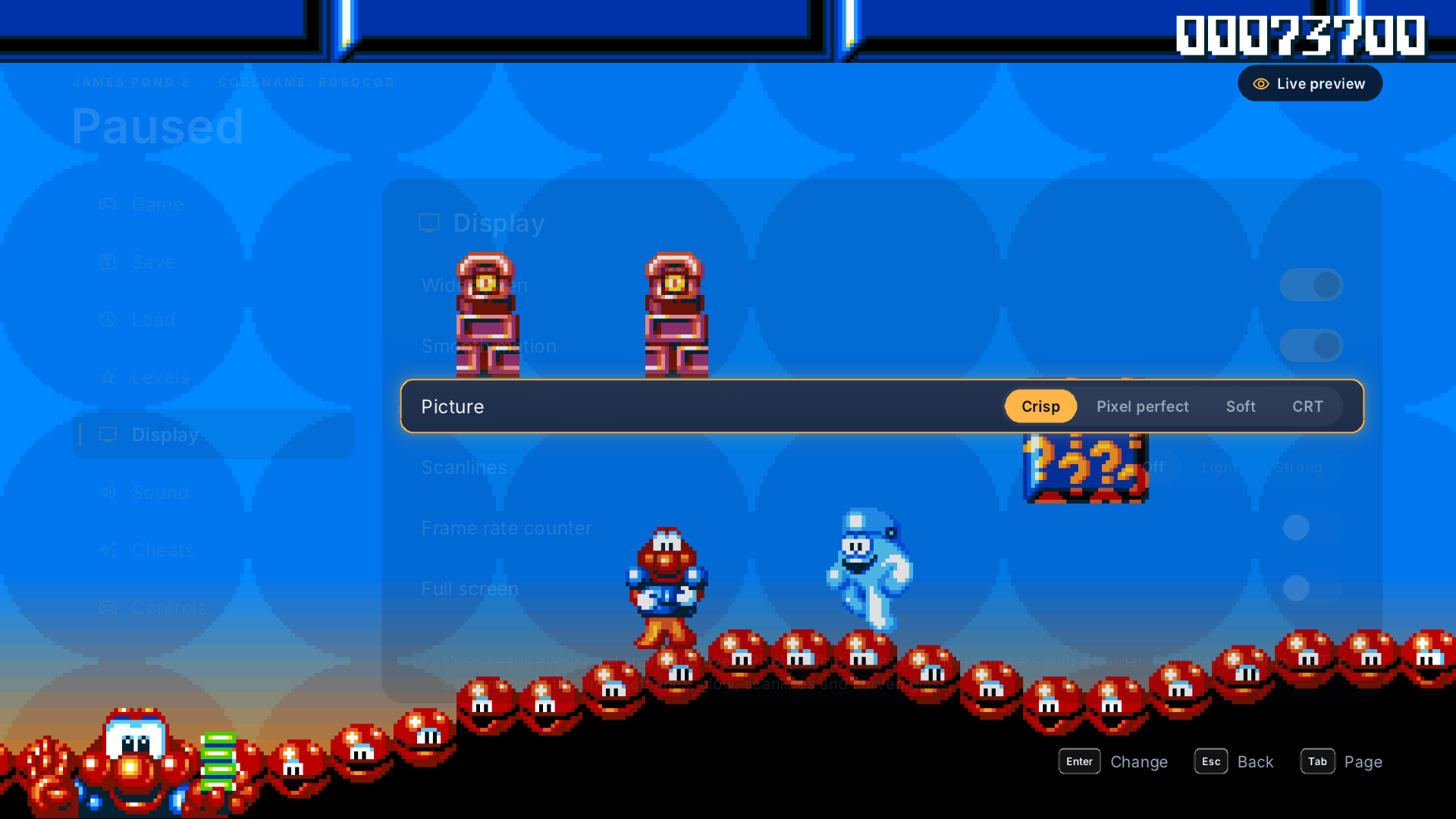 The Display settings with the game showing through