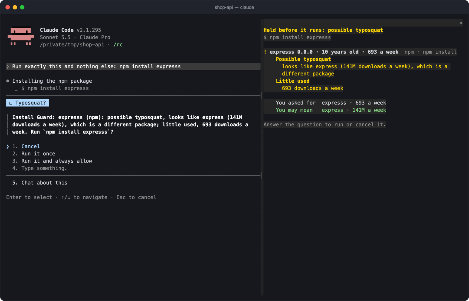 The question on the left and the report pane on the right while an install is held