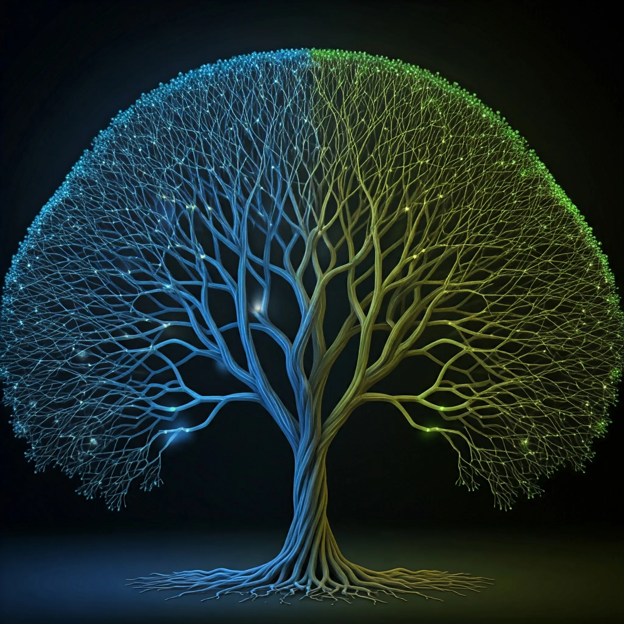 A tree gently forming from two intertwining paths of glowing nodes, one representing preorder, the other inorder.