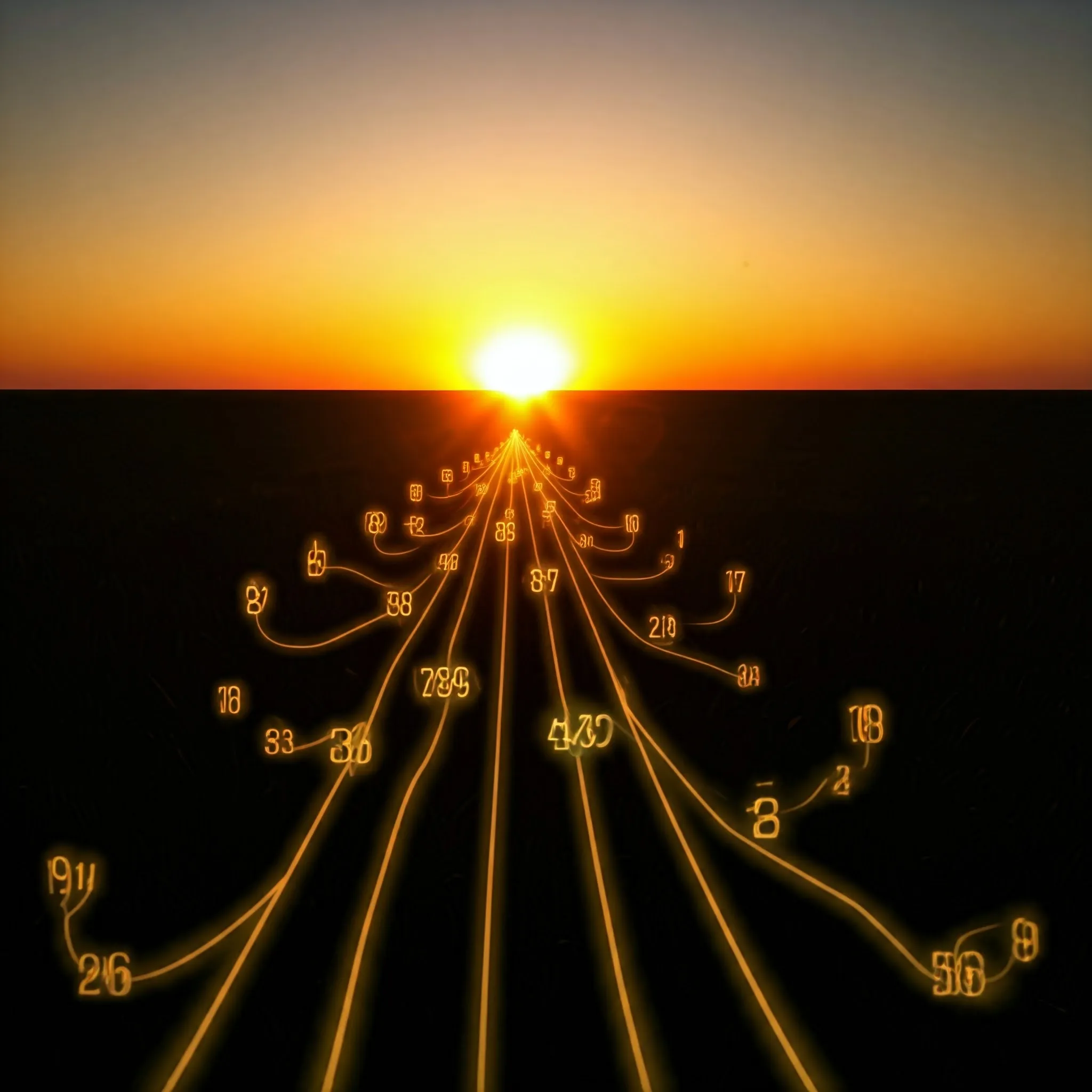 A radiant path of numbers, showing multiple possible paths with gentle branches leading to different sums.