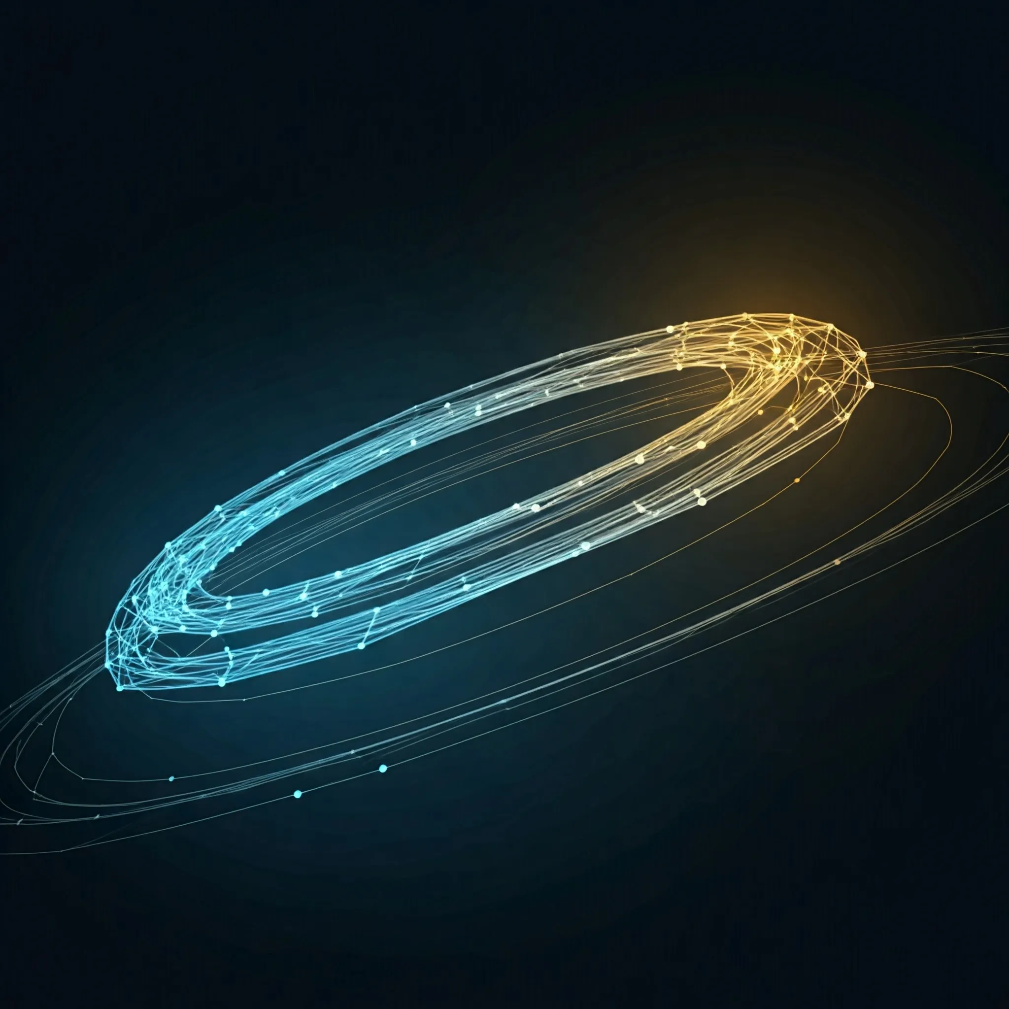 A circular linked list glowing in a cycle, with the loop softly visible.