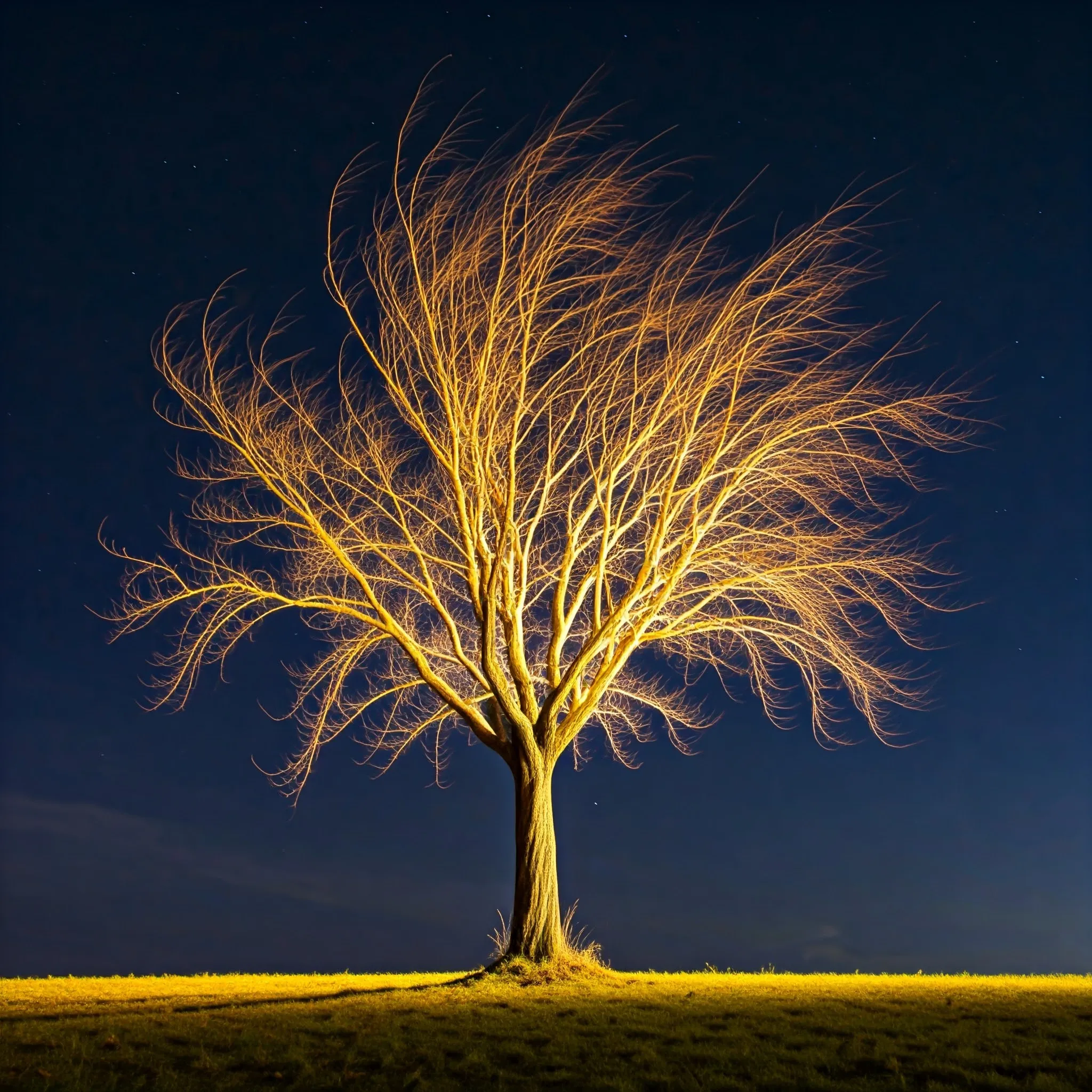 A tree slowly flipping upside down, with nodes glowing as they invert.