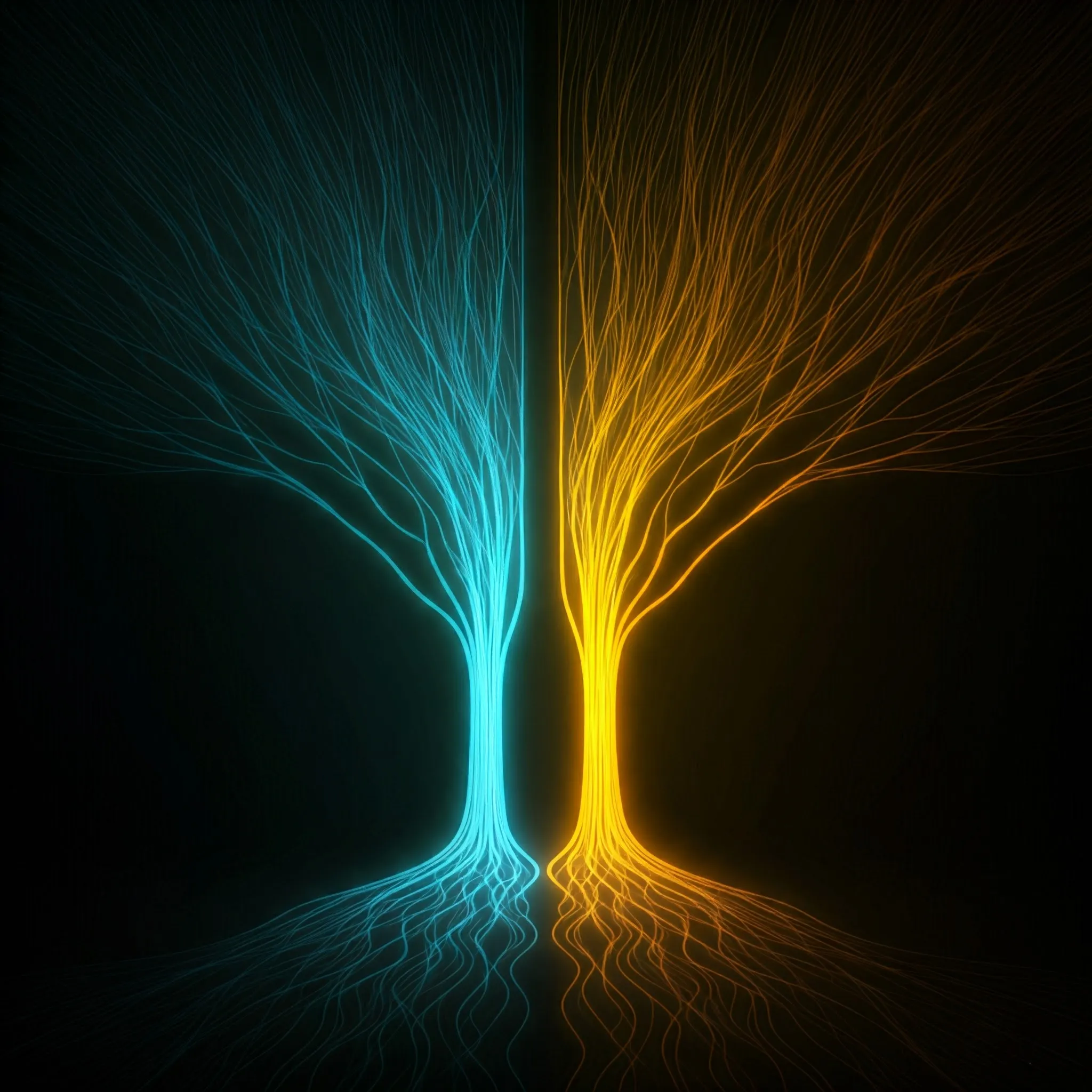 Two paths glowing brightly as they meet at the lowest common ancestor in a binary search tree.