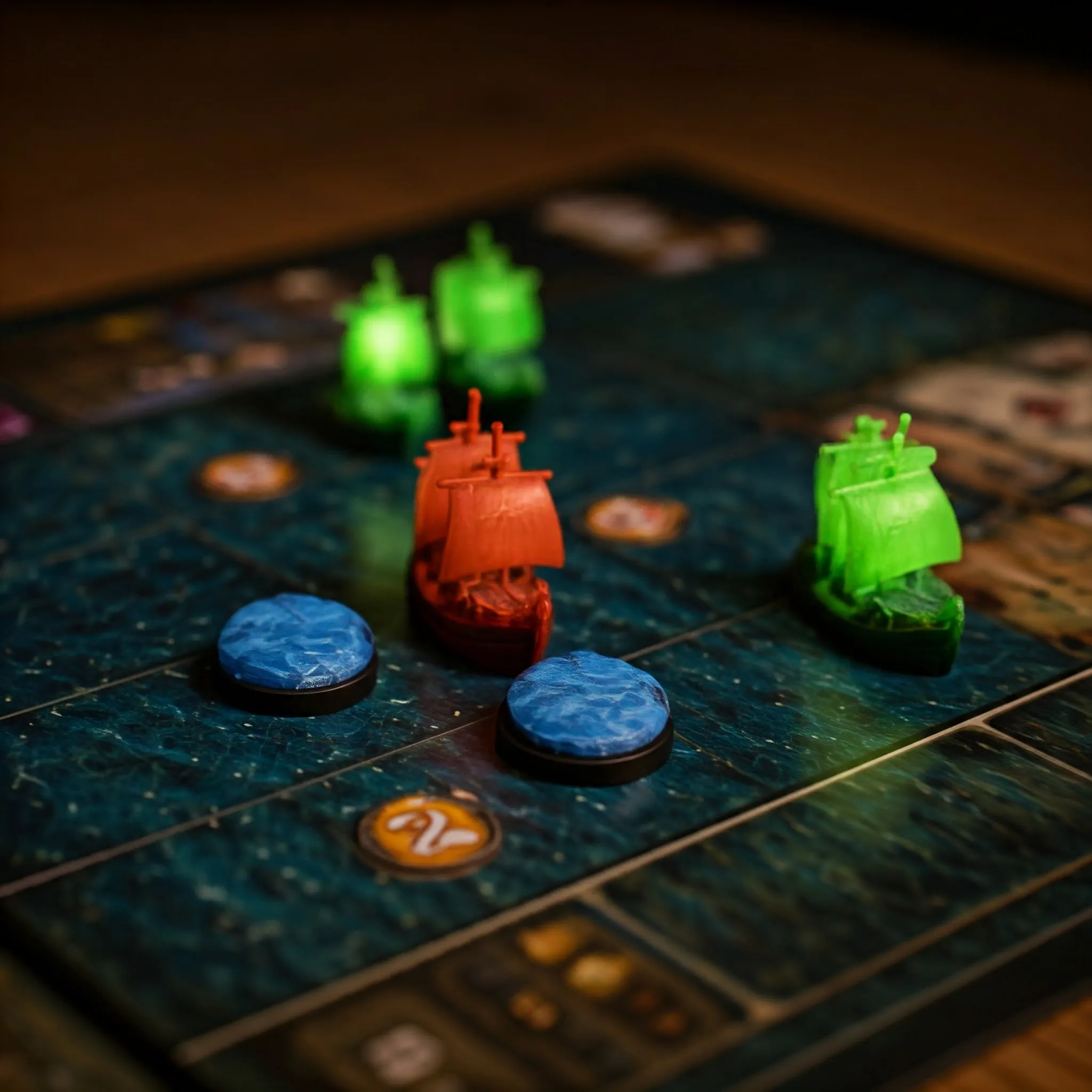 A board game where ships glow softly as they are placed on the grid, each ship highlighted as it is positioned.