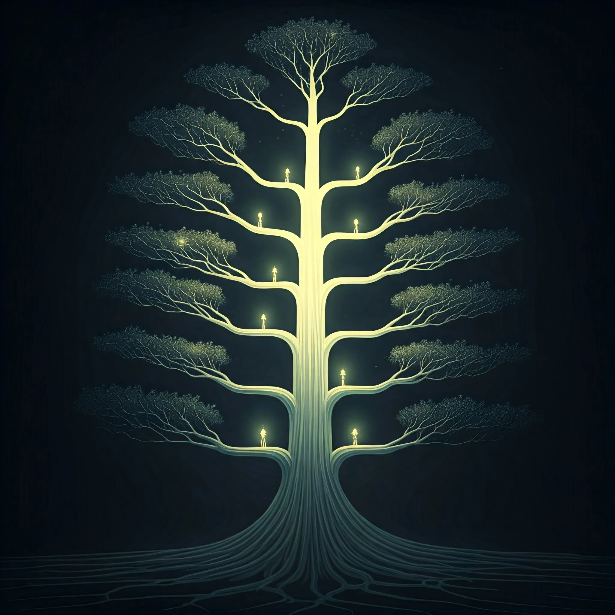 An N-ary tree with nodes being traversed in level order, with each level softly illuminated as it's visited.