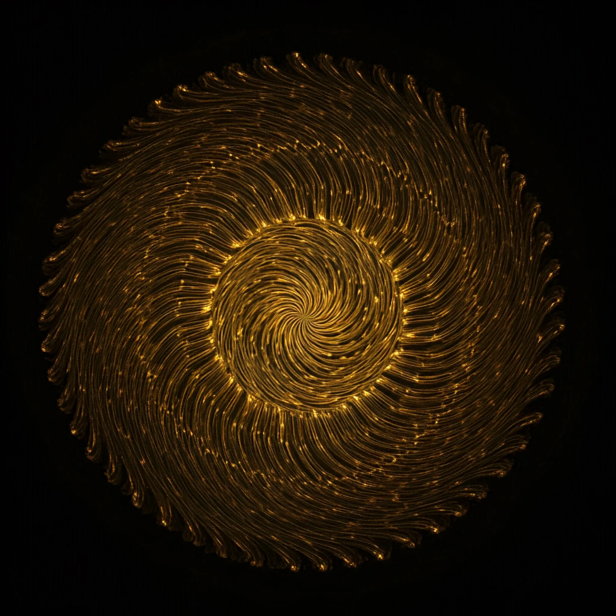 A glowing circular array where elements move in a loop, with each cycle softly illuminated as it repeats.