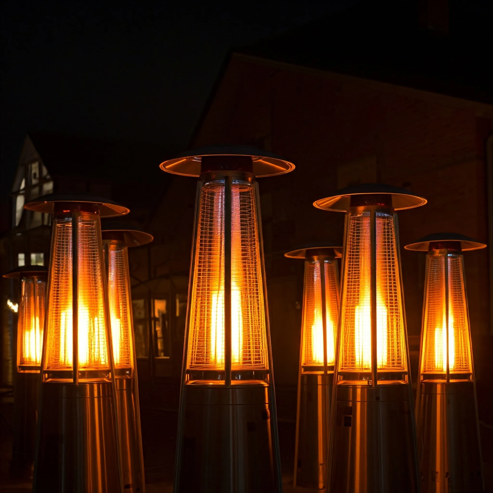 A grid where heaters light up and warm nearby houses, with each heater softly illuminating its effect.