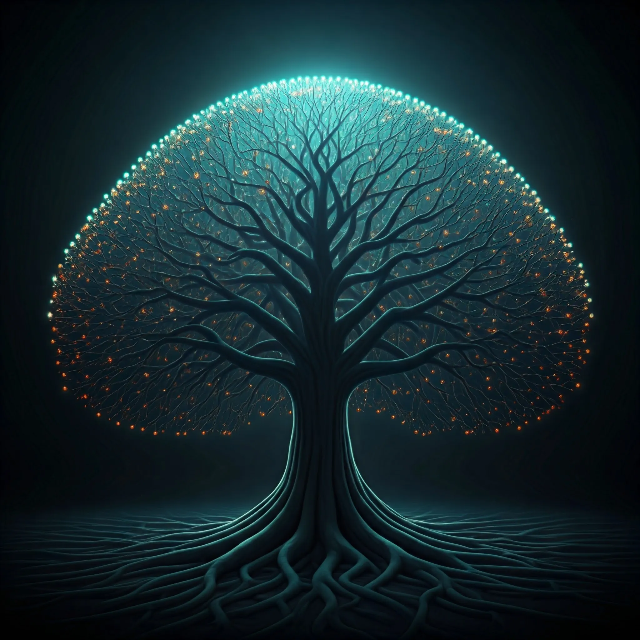 A binary tree where the longest path between two nodes is highlighted, glowing softly to show the tree's diameter.