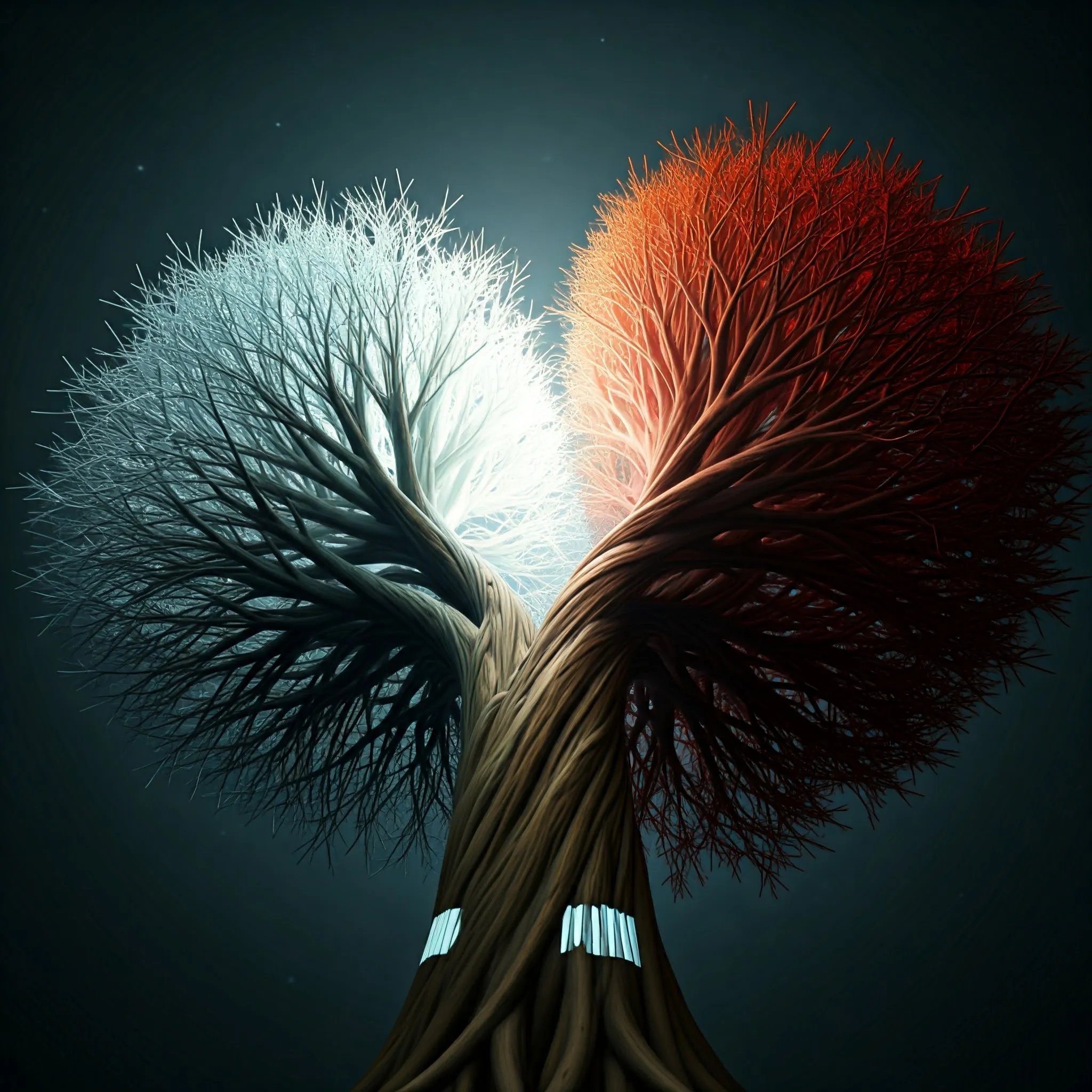 Two binary trees merging together, with each node softly glowing as they combine.