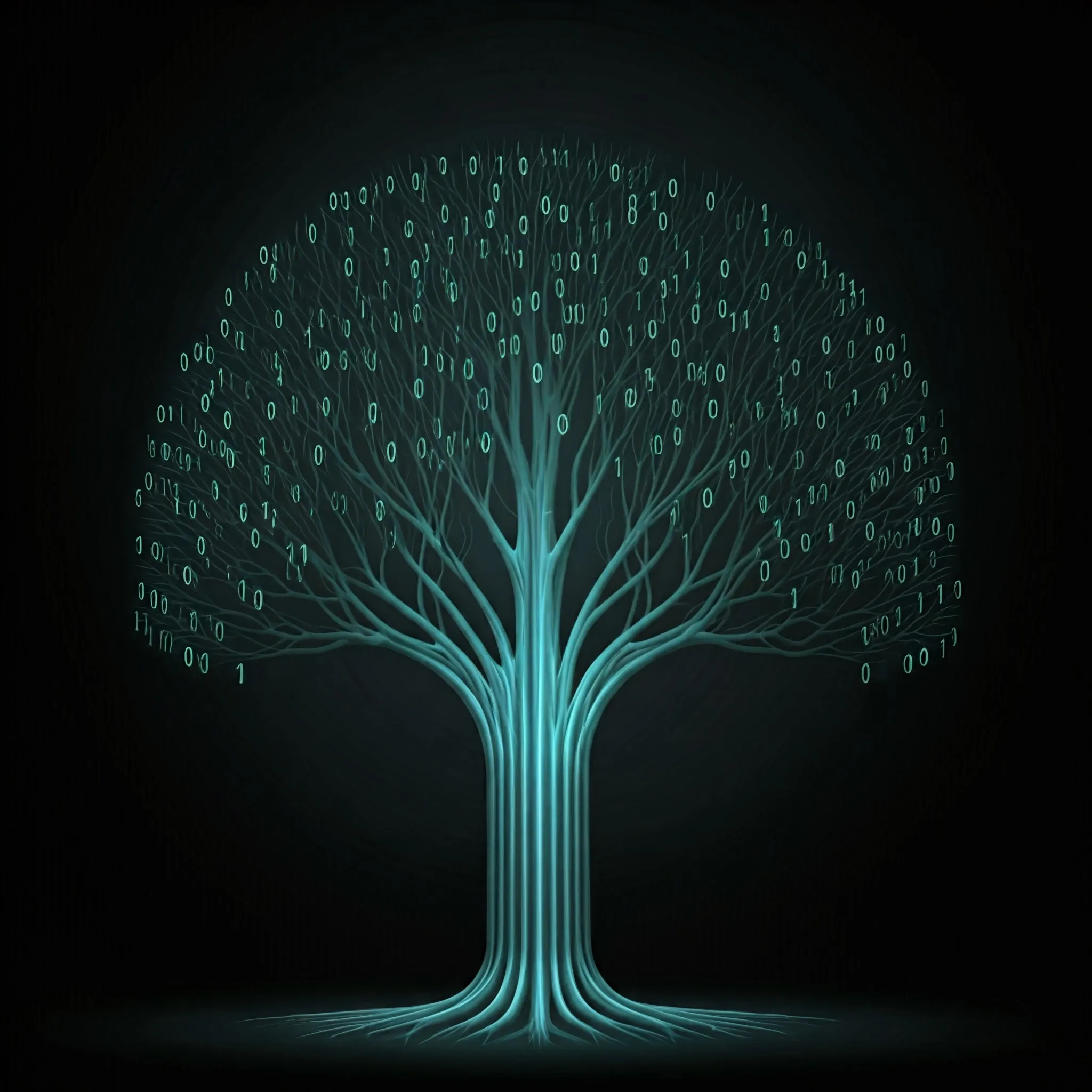 A binary tree where duplicate subtrees are identified, and each duplicate subtree softly glows as it’s found.