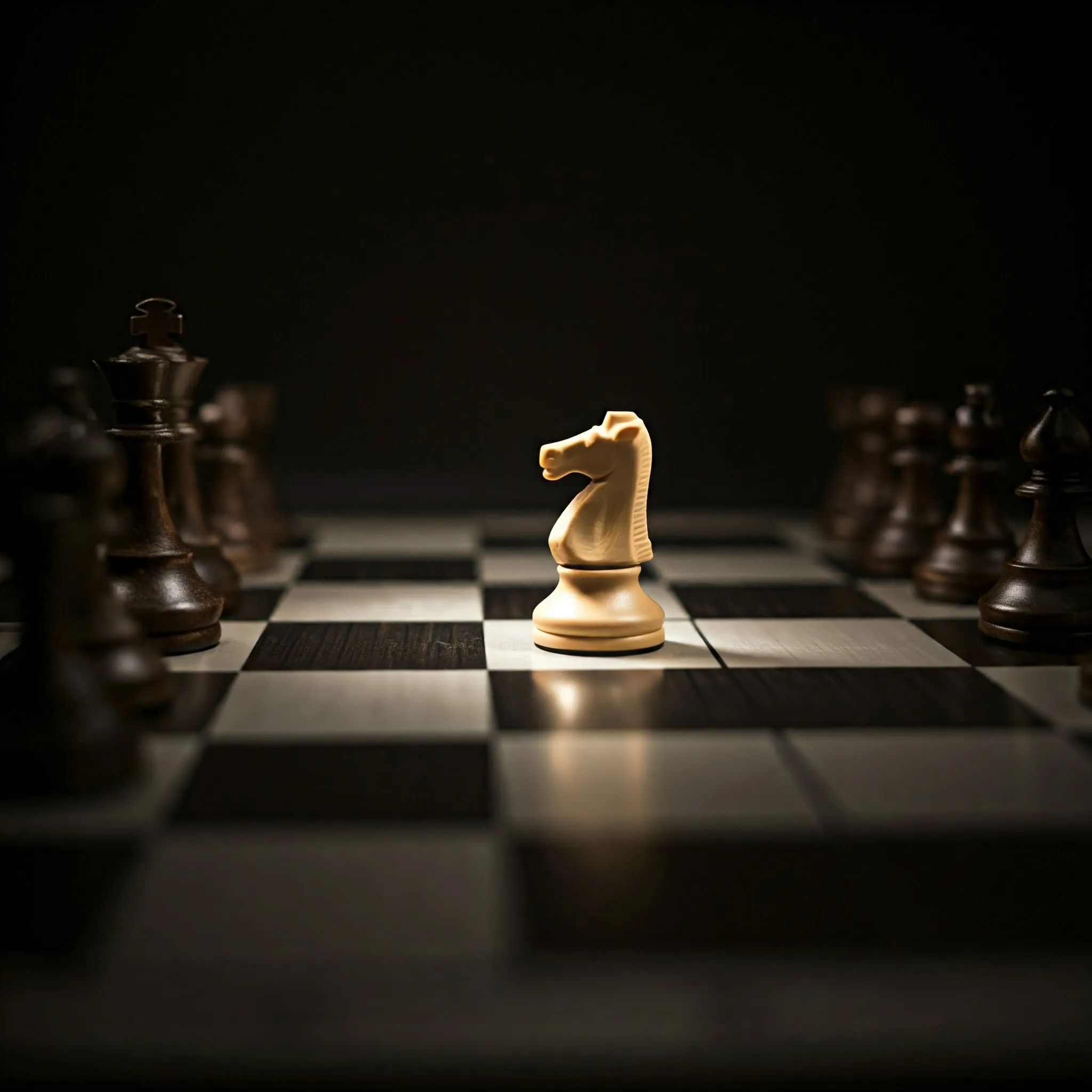 A chessboard where the knight’s possible moves are calculated, with the highest probability glowing softly.