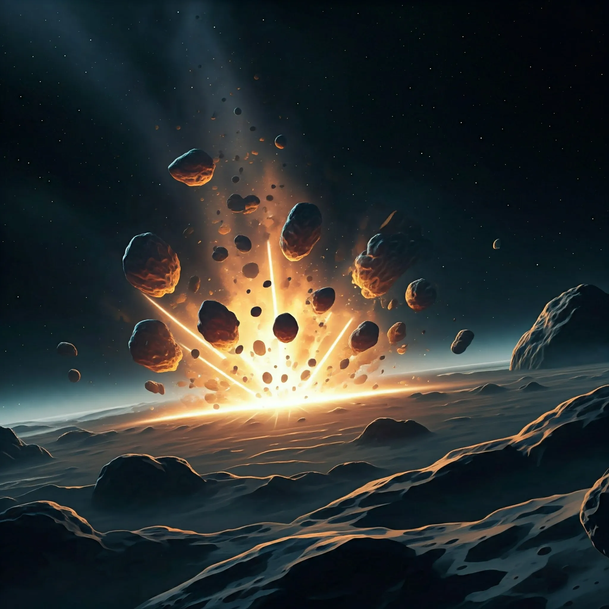 Asteroids moving in space, where collisions are detected, and the remaining asteroids glow softly after the impact.