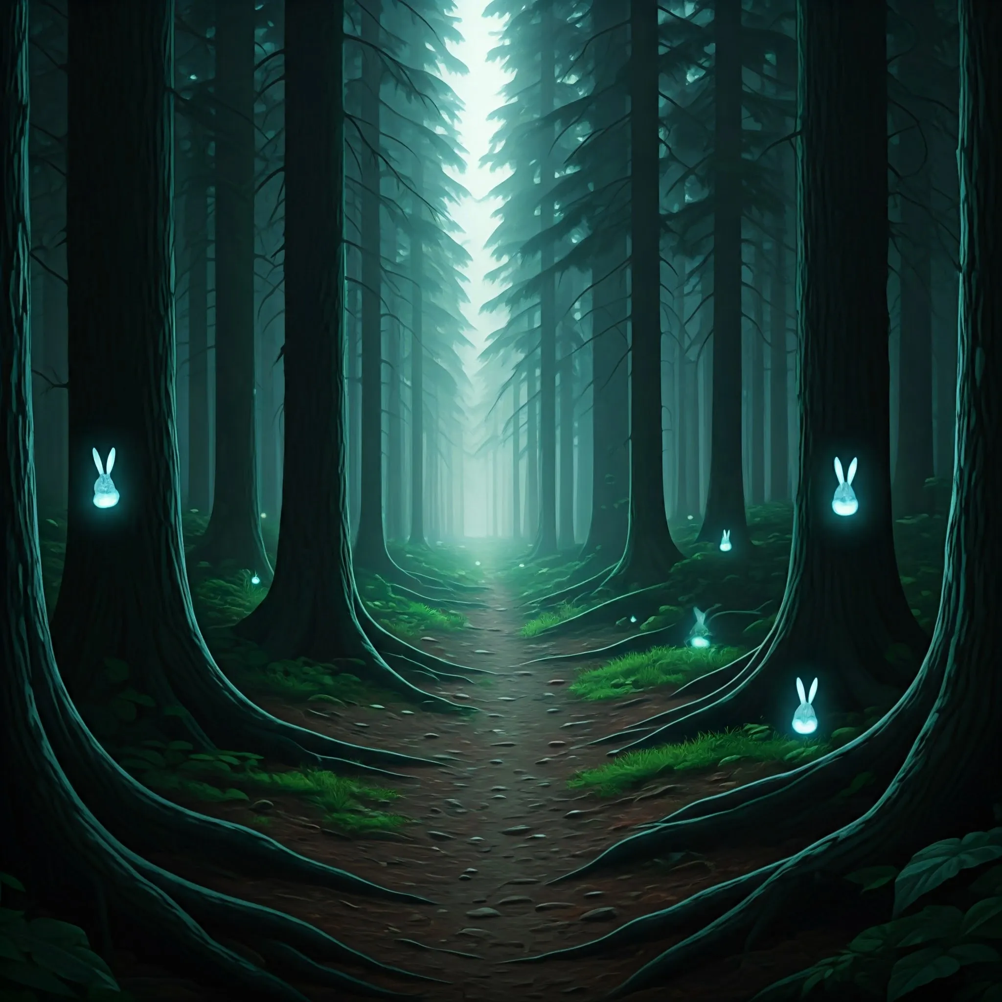 A forest where rabbits are hiding, with each rabbit's position glowing softly as it’s found.